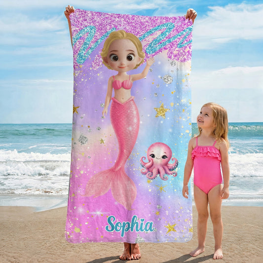 Cartoon Mermaid Princess - Personalized Quick-Dry Beach Towel