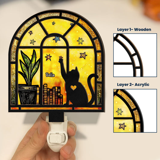 Cat And Books - Personalized Wood And Acrylic Night Light