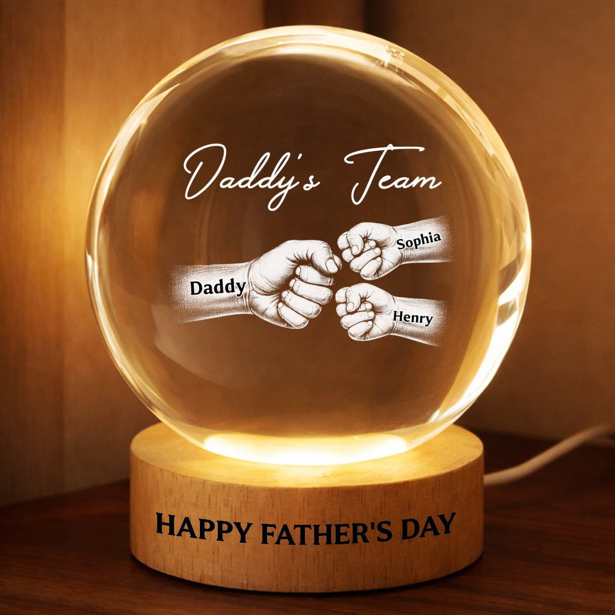 Daddy's Team Fist Bump - Personalized Crystal Ball LED Night Light - Gift For Dad, Husband