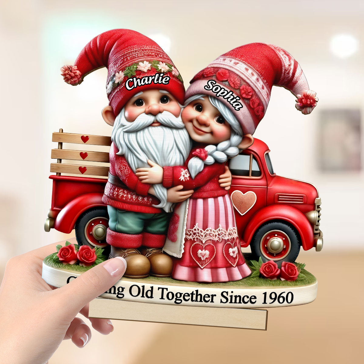 3D Effect Gnome Couple Truck Personalized 2-Layer Standing Wooden Plaque, Heartfelt Gift For Her, For Wife