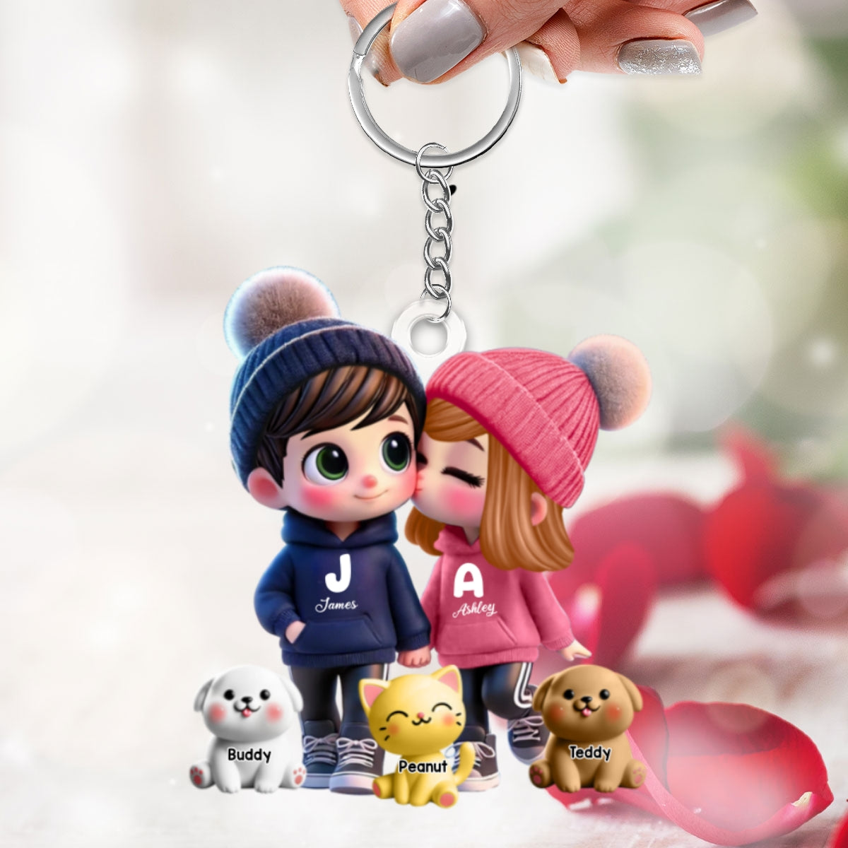 3D Effect Cute Cartoon Couple You Me And The Dog Cat Personalized Acrylic Keychain, Unique Valentine's Day Gift For Him, Gift For Her