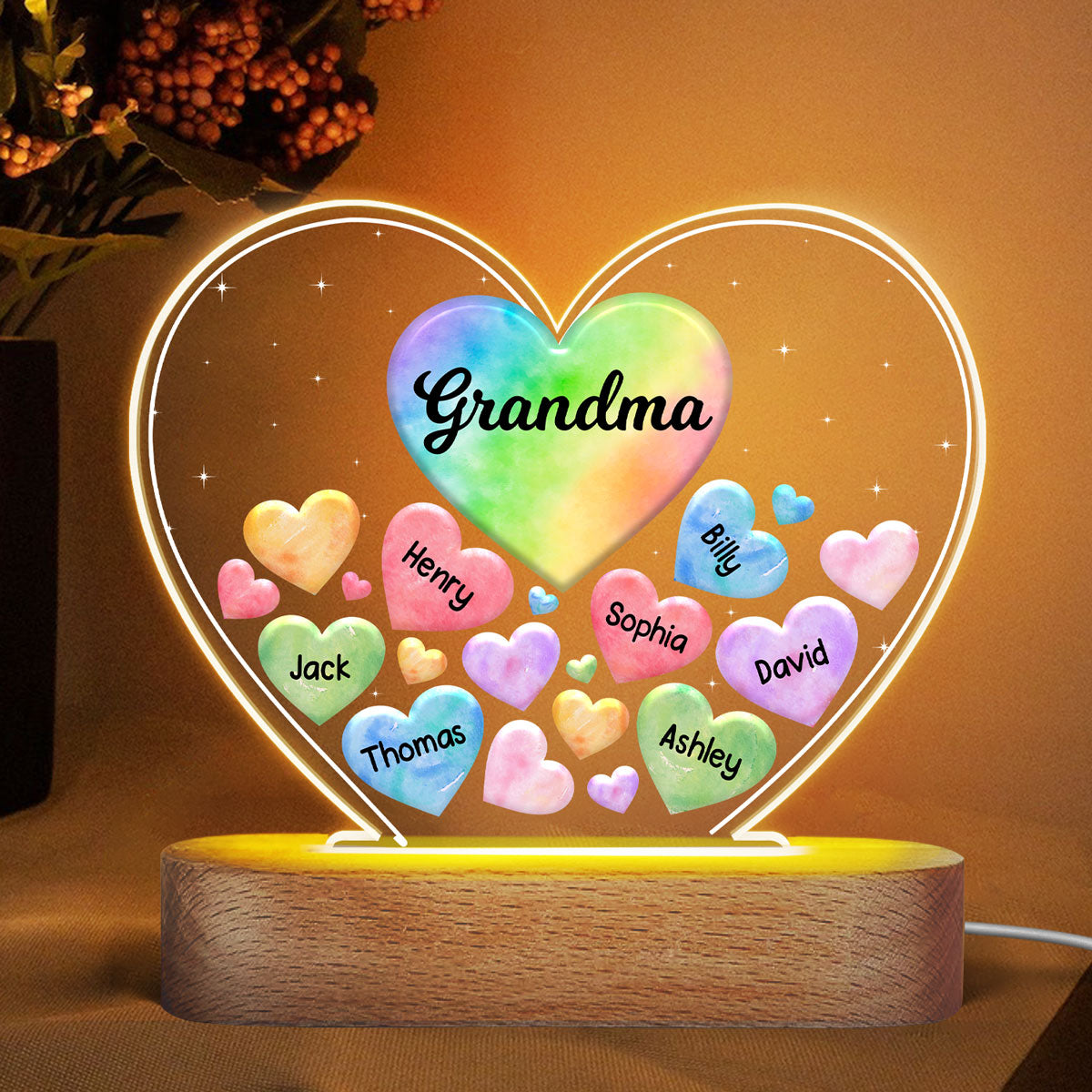Grandma Mom Hearts In Heart Personalized Acrylic Heart LED Night Light, Gift For Birthday, Anniversary