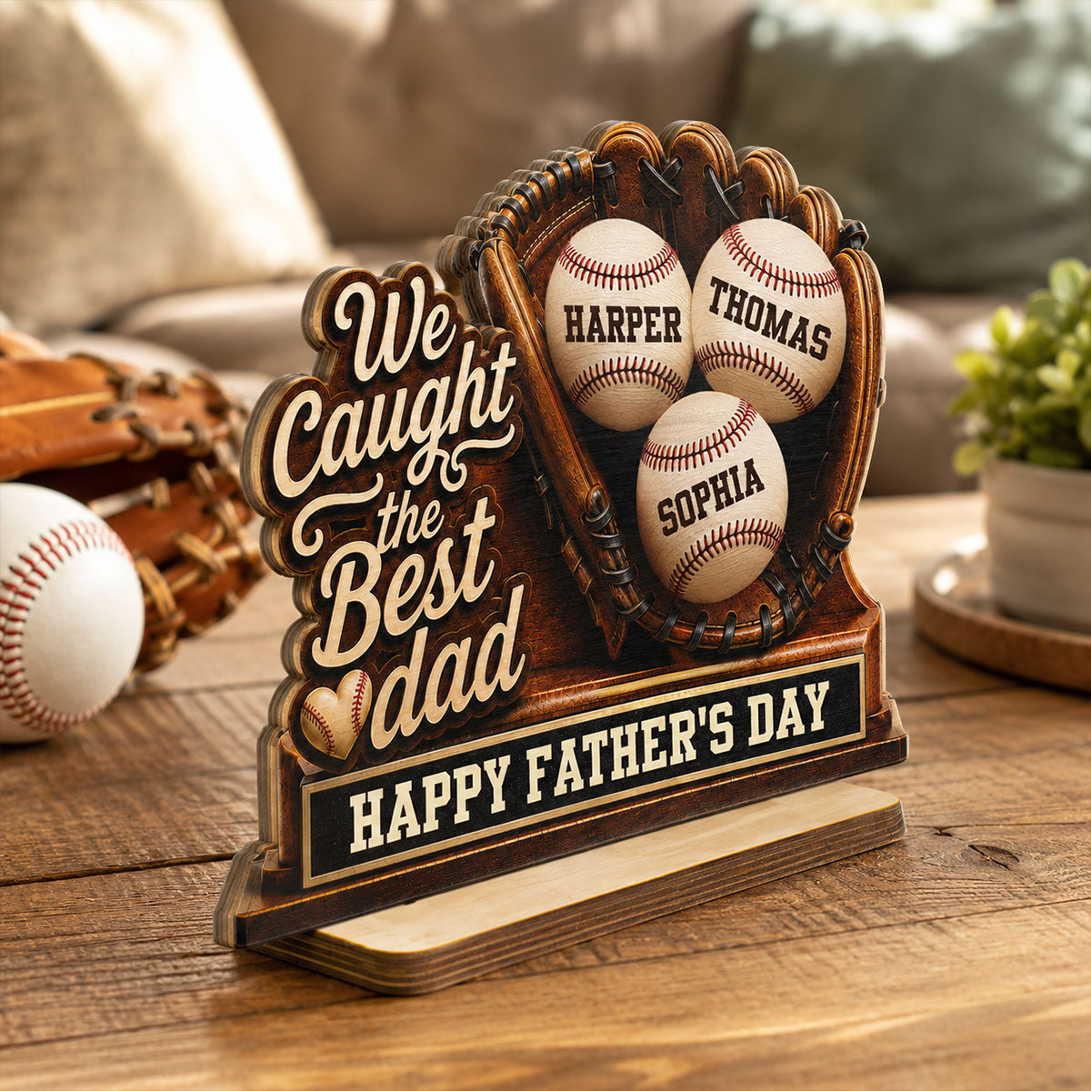 We Caught The Best Dad Baseball In Glove - Personalized 2-Layered Wooden Plaque - Happy For Baseball Dad
