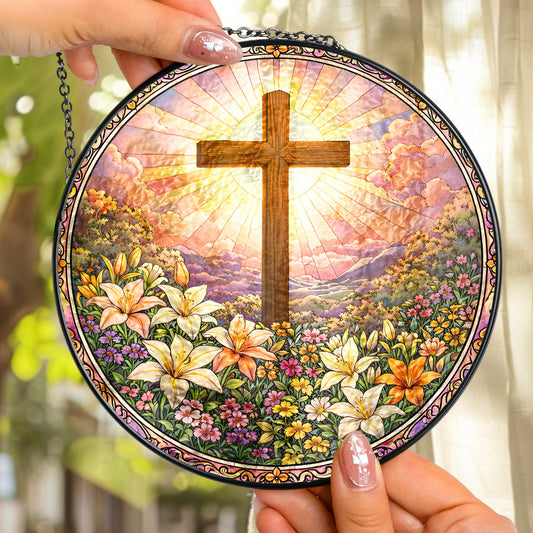 Christ Cross And Wildflowers - Personalized Stained Glass Window Hanging Suncatcher
