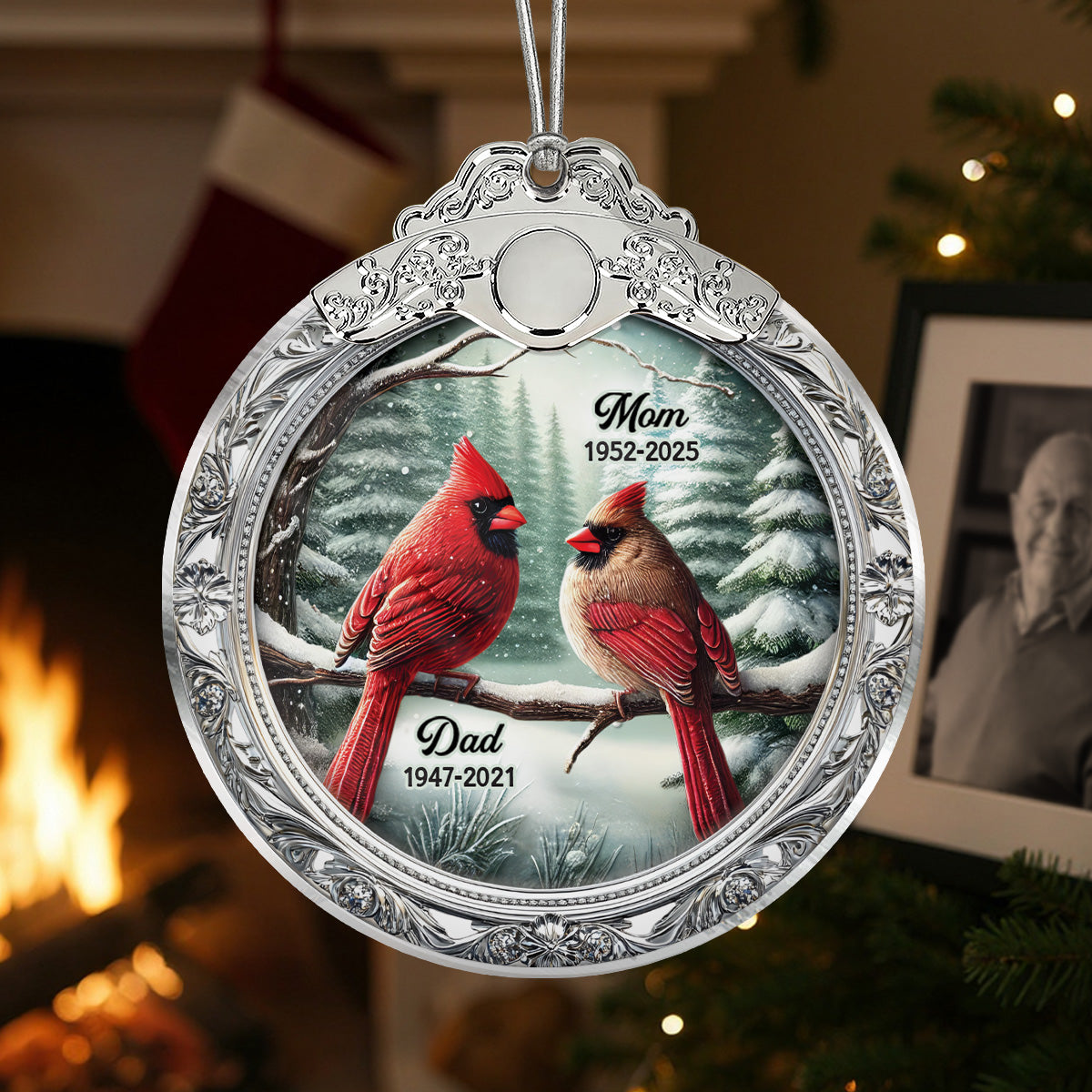 Winter Scene Memorial Cardinal 3D Effect - Personalized Glass Ornament With Silver Cap - Sympathy Gift Remembrance Keepsake