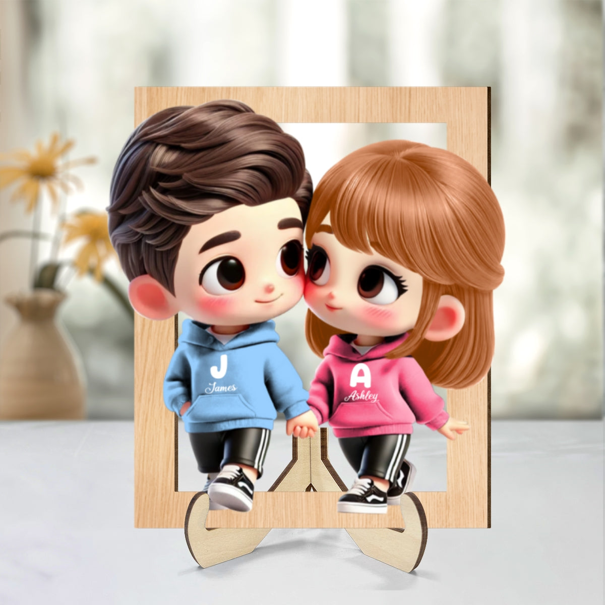 3D Effect Cute Cartoon Couple Holding Hands Personalized 2-Layered Wooden Plaque, Anniversary & Gift for him, Gift for her