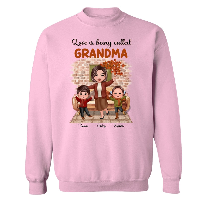 Fall Season Happy Doll Grandma And Grandkids Brick Background In House Personalized Shirt