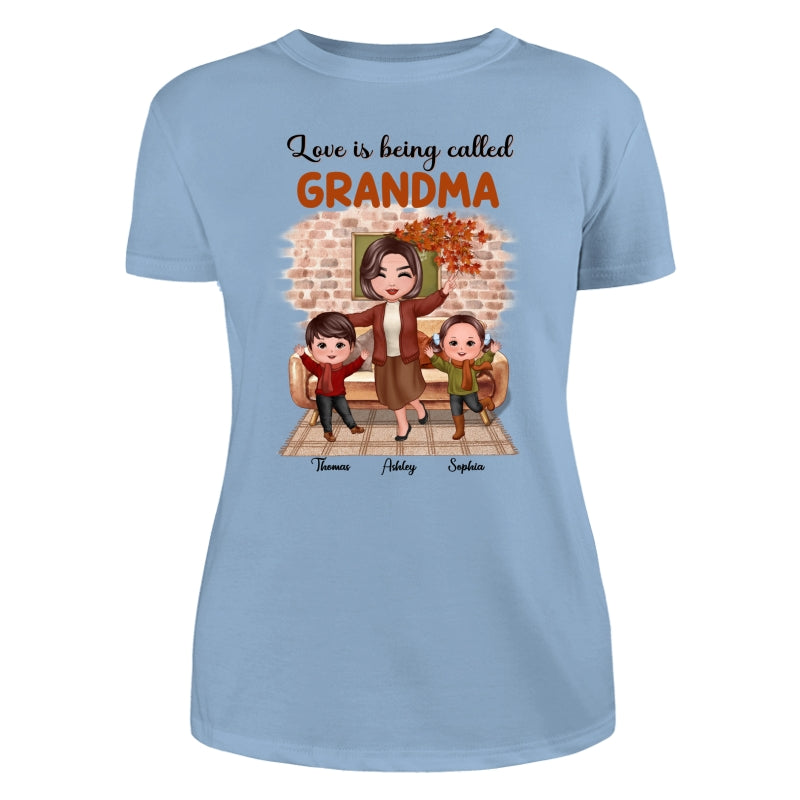 Fall Season Happy Doll Grandma And Grandkids Brick Background In House Personalized Shirt