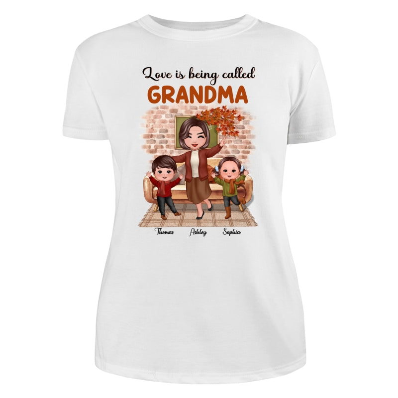 Fall Season Happy Doll Grandma And Grandkids Brick Background In House Personalized Shirt