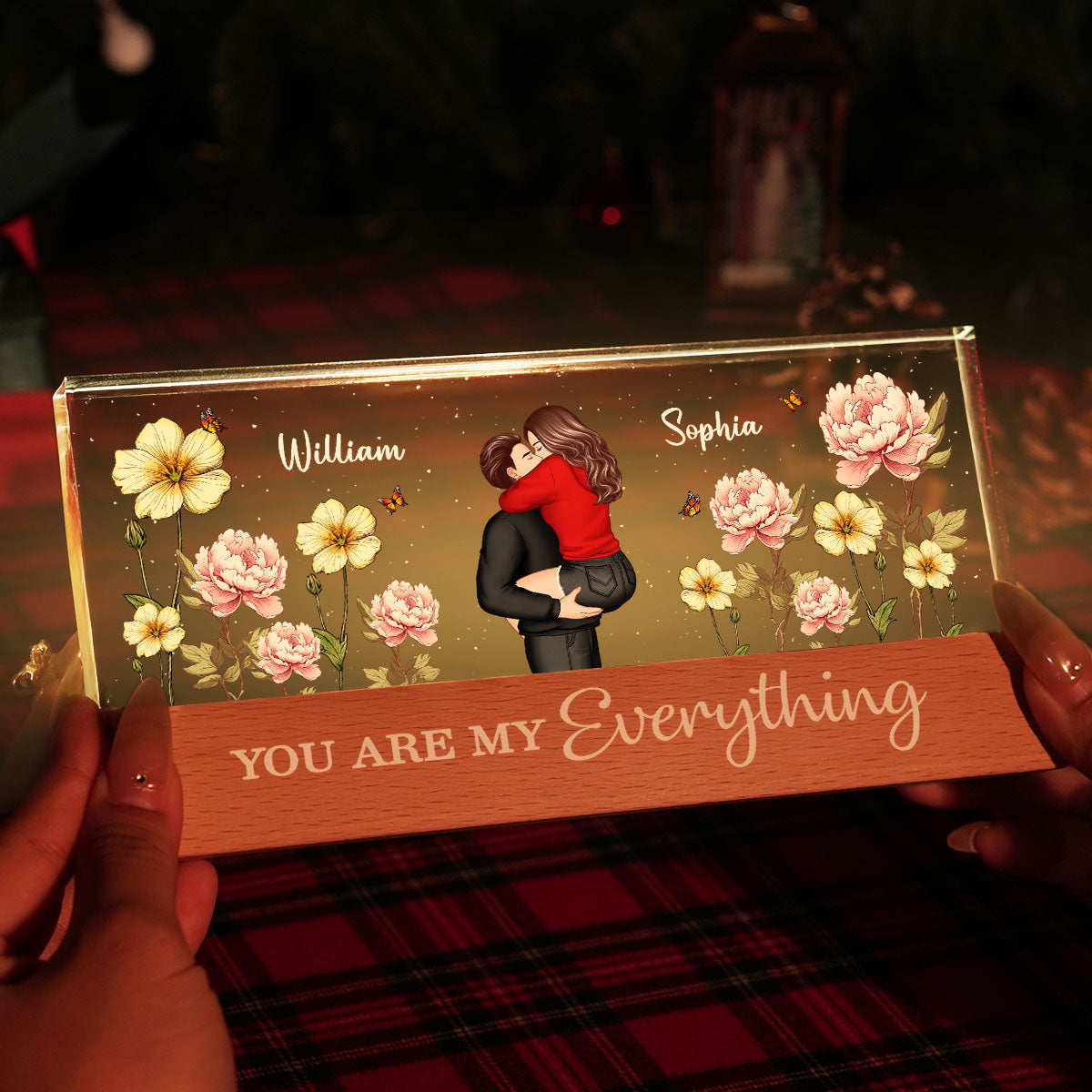 Couple Embracing Kissing Birth Month Flower Personalized Acrylic Block LED Night Light, Heartfelt 2025 Gift For Couple, For Him, For Her, Boyfriend, Girlfriend, Husband, Wife