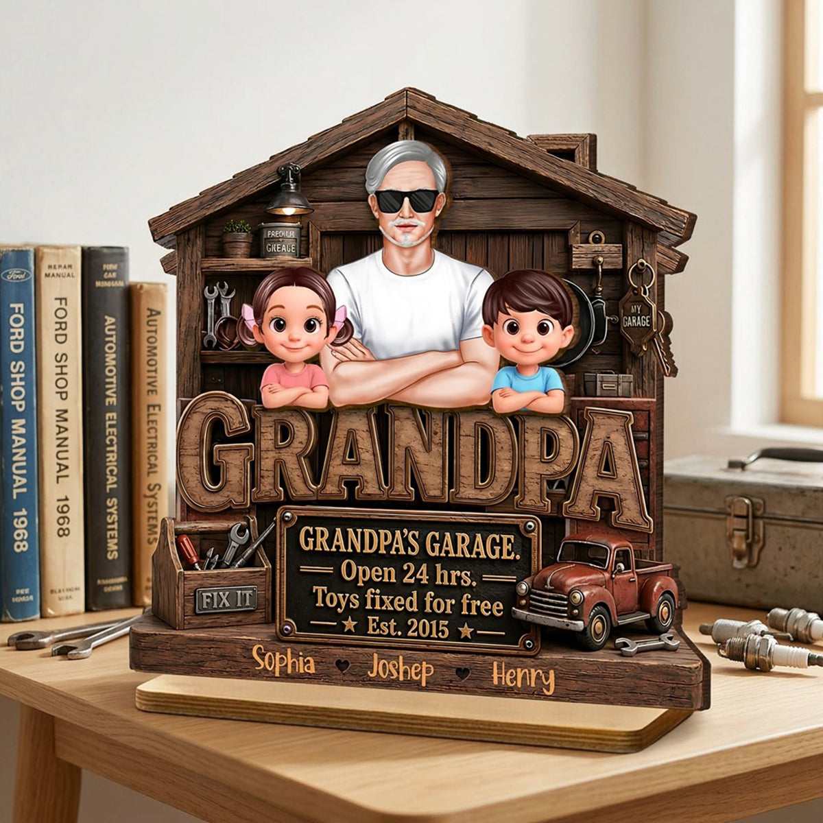 Grandpa's Garage - Personalized 2-Layered Wooden Plaque - Gift for Dad, Grandpa, Husband