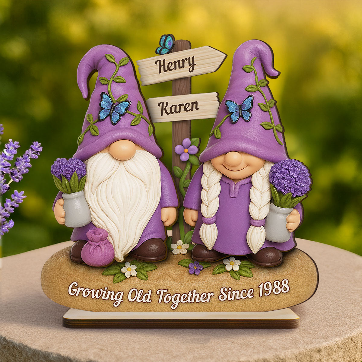 Lavender Gnome Couple - Personalized Standing Wooden Plaque - Gift for Couple, for Him, for Her