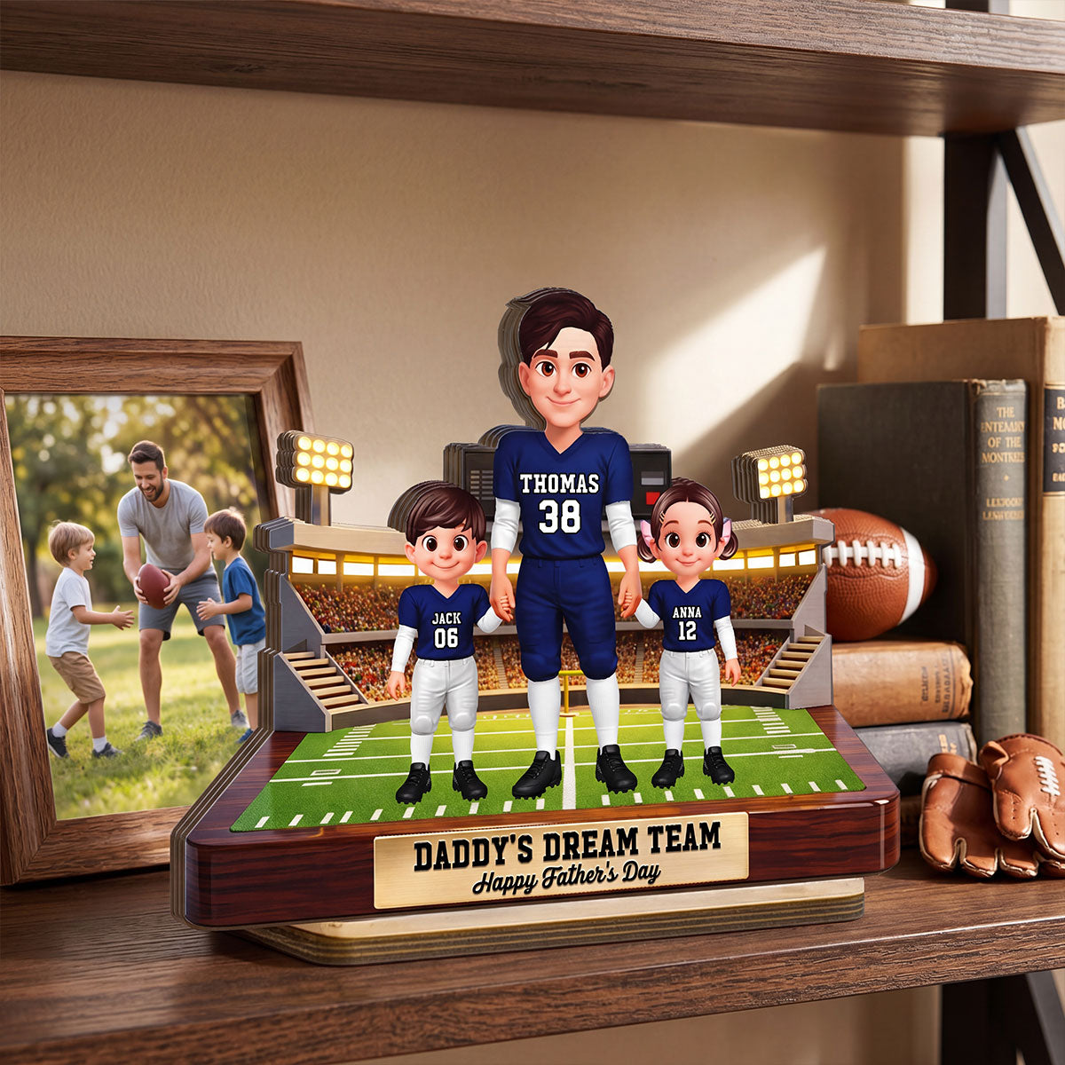 American Football Dad And Kids - Personalized 2-Layered Wooden Plaque - Gift For Dad