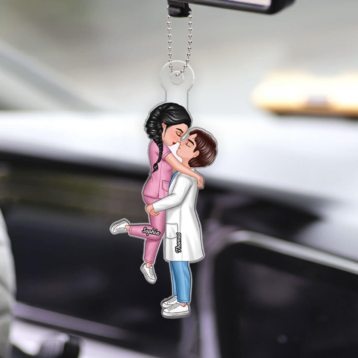 Hero Couple Hugging Kissing Personalized Acrylic Car Hanger Ornament, Anniversary Gift For Him, For Her, For The Couple