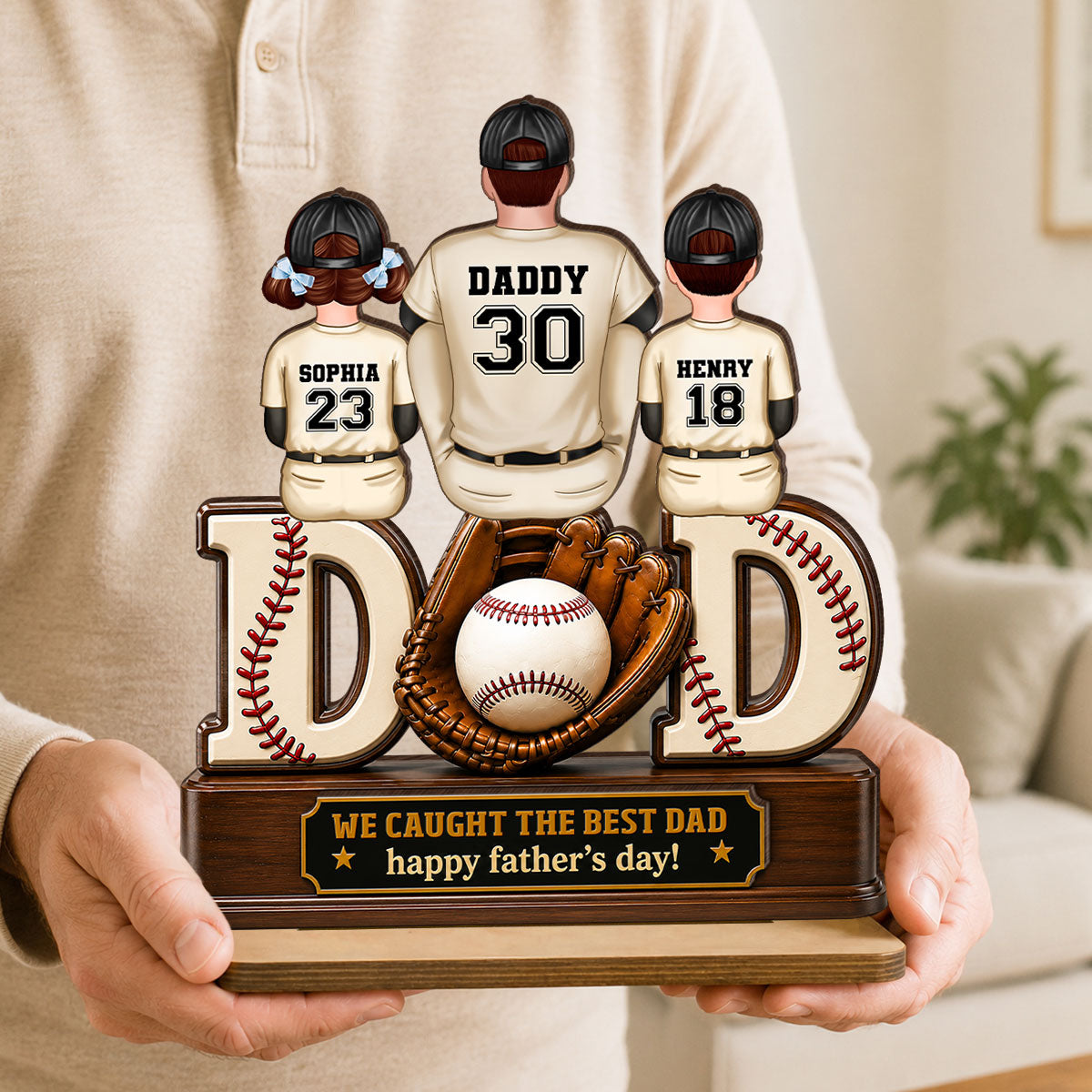 Dad And Children Baseball Gloves - Personalized 2-Layered Wooden Plaque - Gift for Dad, Husband