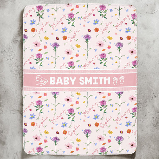 Custom Baby And Mom Name Birthday Flower - Personalized Blanket
