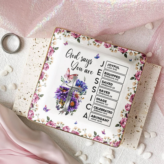 Custom Birth Flower With Name Letter In Bible Christian Gift - Personalized Jewelry Dish
