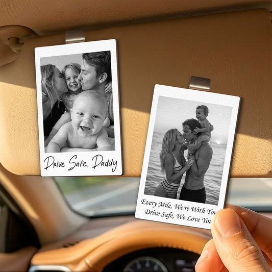 Father's Day Gifts, Custom Family Polaroid Photo & Message For Him, Daddy, Papa - Personalized Wooden Photo Car Visor Clip