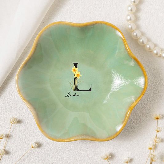 Custom Initial Name & Birth Flowers For Her, Wife, Friends, Sisters, Mom, Daughters - Personalized Jewelry Dish