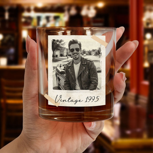 Father's Day Gifts, Custom Vintage Retro Polaroid Photo For Him, Husband, Dad, Grandpa - Personalized Photo Whiskey Glass