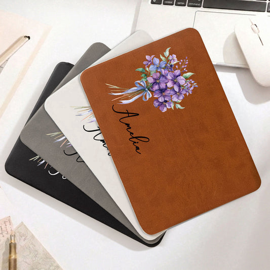 Custom Birth Flower & Name Gift For Her, Coworkers, Wife, Daughter - Personalized Leather Charging Mat
