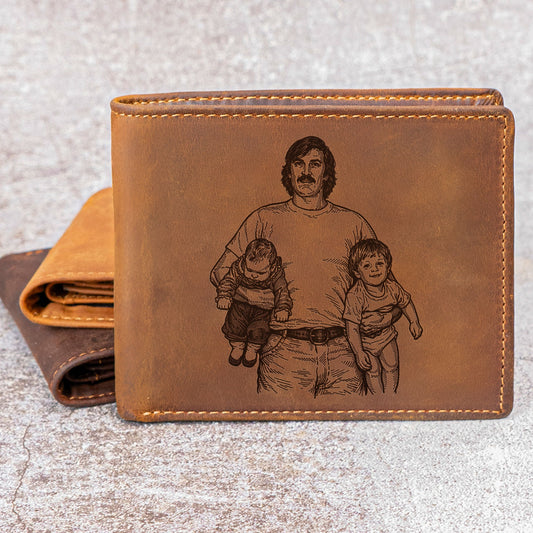 Father's Day Gifts, Custom Engraved Childhood Photo With Dad, Papa Reminder Father's Day Gifts - Personalized Wallet
