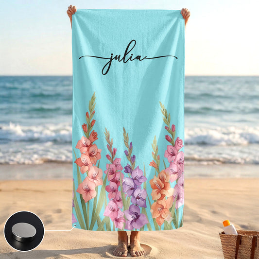 Custom Name & Birth Flower Gift For Her, Sisters, Daughter, Friends - Personalized Beach Towel