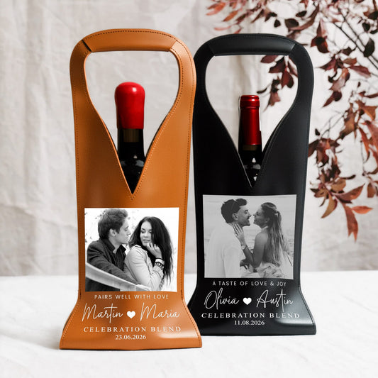 Custom Photo & Name, Date Gifts For Couples, Anniversaries, Wedding - Personalized Leather Wine Bag