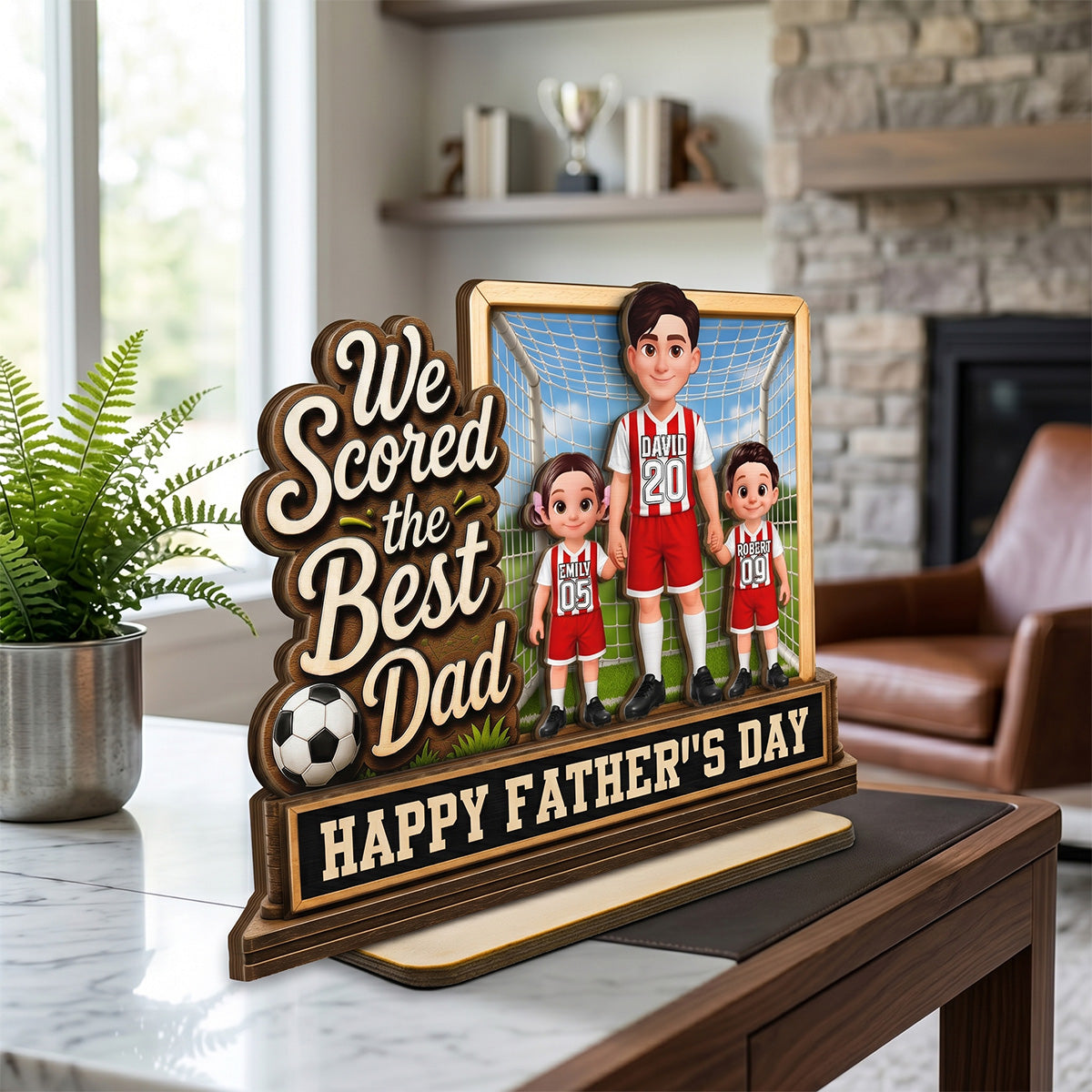 We Scored The Best Dad Dad & Kids In Goal 2D Flat - Personalized 2-Layered Wooden Plaque - Gift For Soccer Dad, UK Football Dad