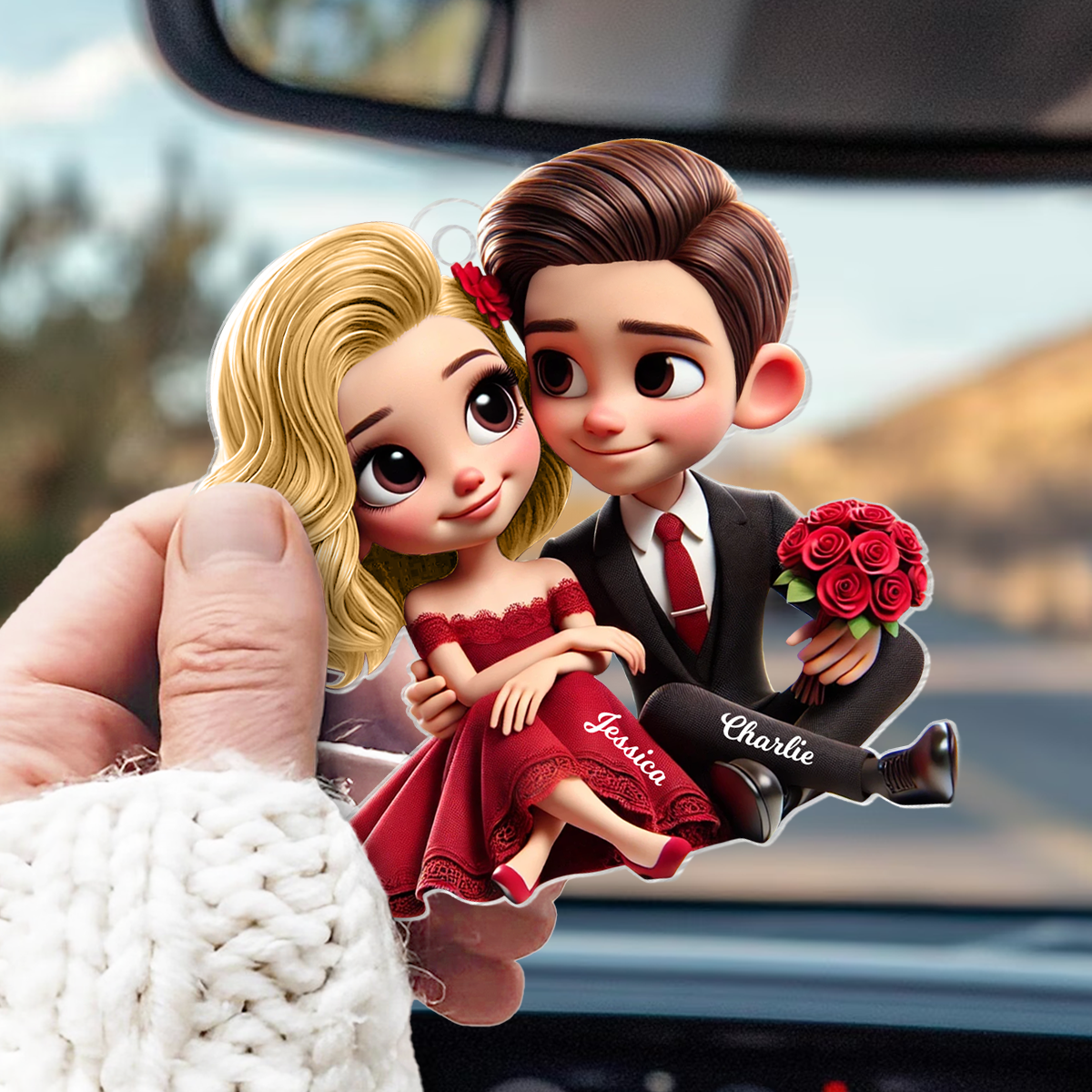 Romantic Elegant Couple Personalized Acrylic Car Hanger, Anniversary Gift for him, Gift for her