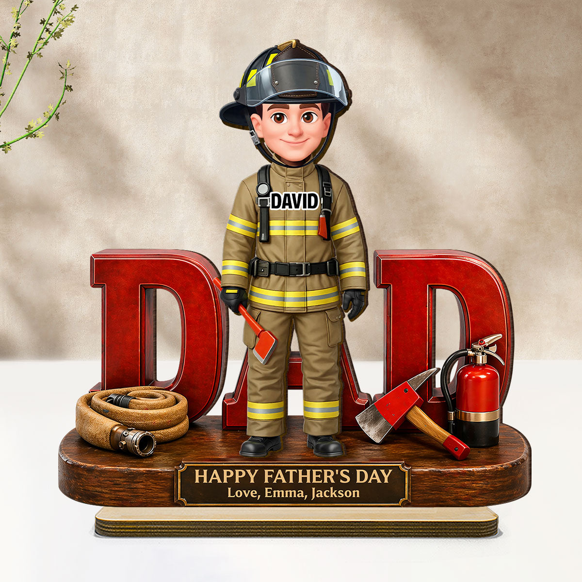 Proud American Firefighter Dad - Personalized 2-Layered Wooden Plaque - Gift For Dad