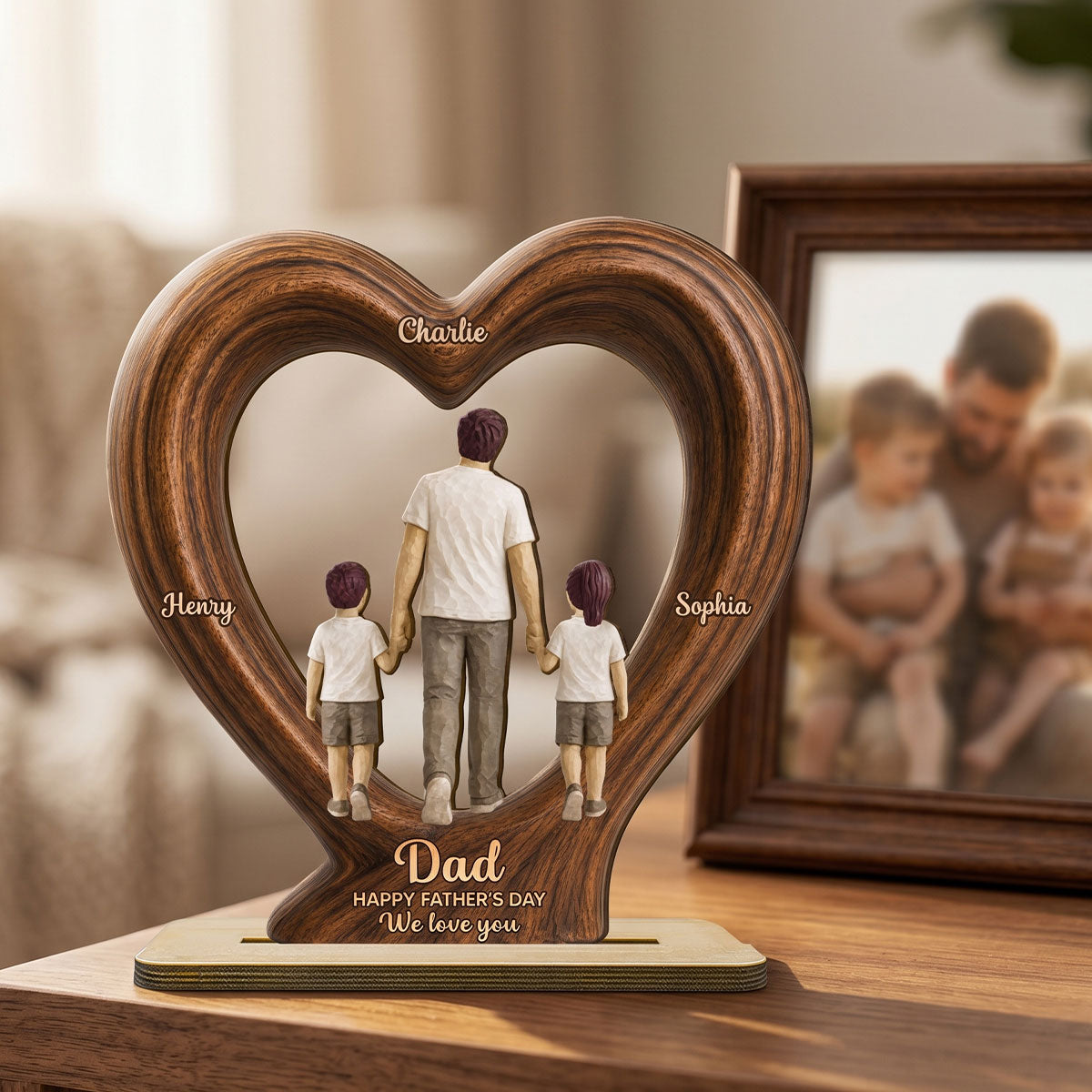 Sentimental Rustic Dad And Kids Walking In Heart 2D Flat - Personalized 2-Layered Wooden Plaque - Gift For Dad, Husband