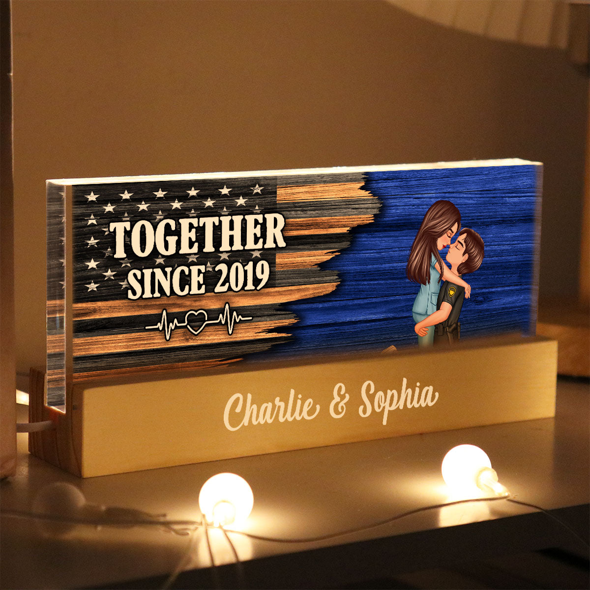 Hero Couple Hugging Kissing Half Flag Gift by Occupation Personalized Acrylic Block LED Night Light