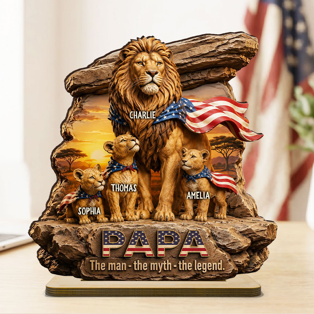 Lion Dad Papa the Legend - Personalized 2-Layered Wooden Plaque - Gift for Dad, Husband