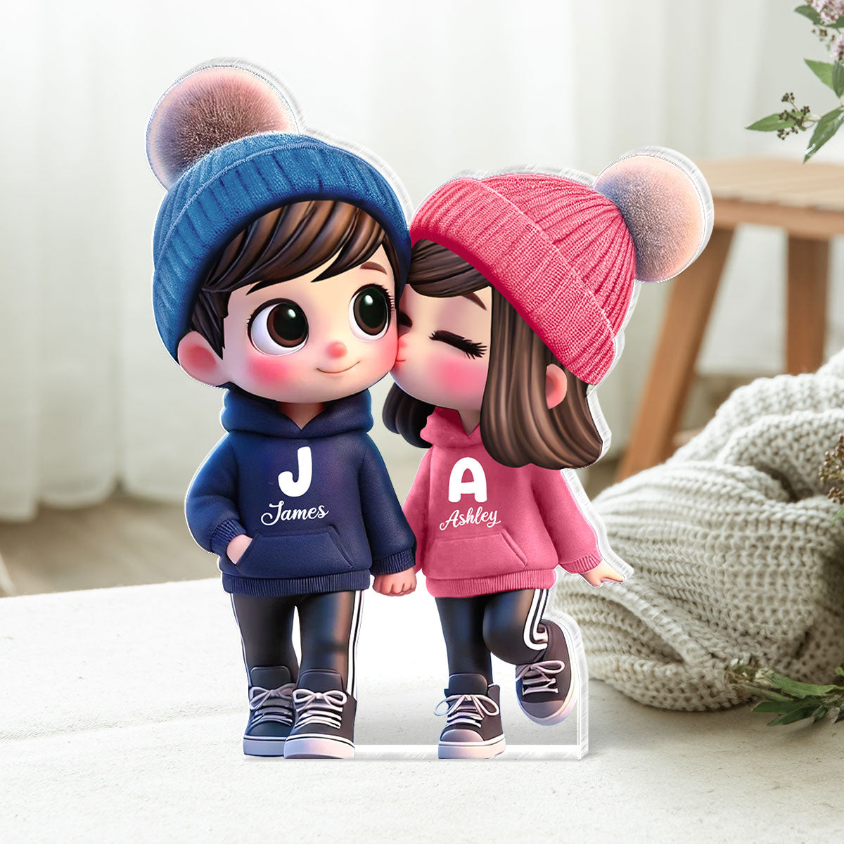 3D Effect Cute Cartoon Couple Walking Personalized Acrylic Block Plaque, Gift for Him, Gift for Her