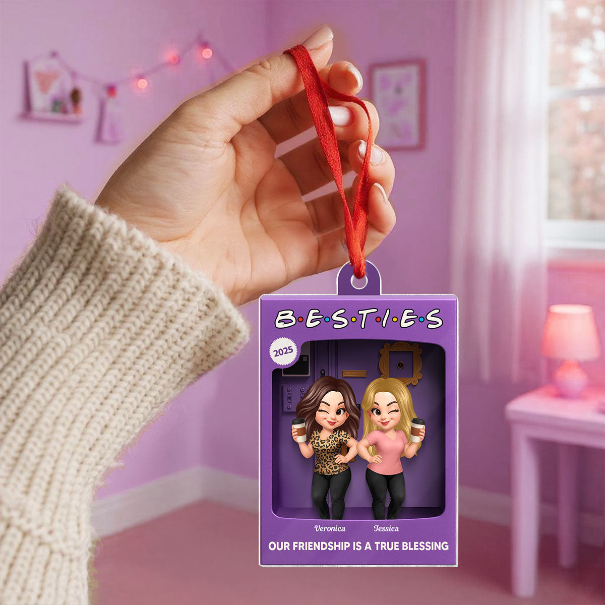 Besties Personalized Acrylic Ornament - Purple Toy Box Style Christmas Gift