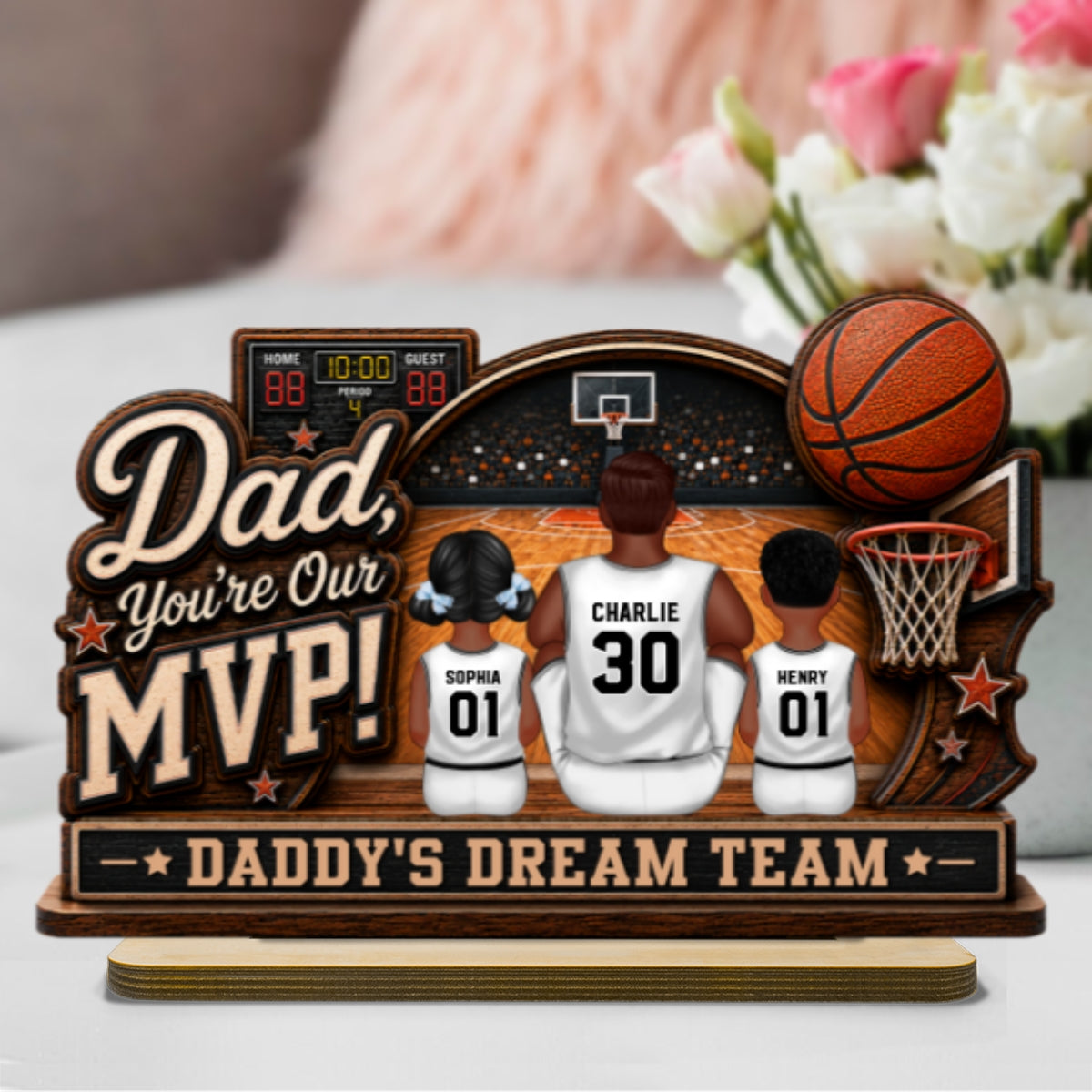 Dad You Are Our MVP Sitting Basketball Man & Kids 2D Flat - Personalized 2-Layered Wooden Plaque - Gift For Basketball Dad