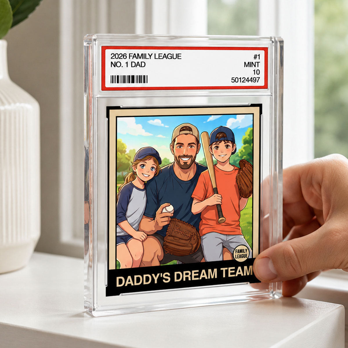 Cartoon Style Baseball Daddy's Dream Team Trading Card - Personalized Acrylic Block Plaque - Gift For Baseball Dad, Husband