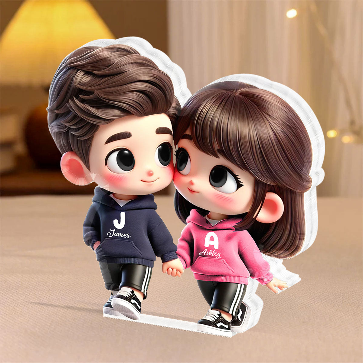 3D Effect Cute Cartoon Couple Holding Hands Personalized Acrylic Block Plaque, Anniversary & Gift for him, Gift for her