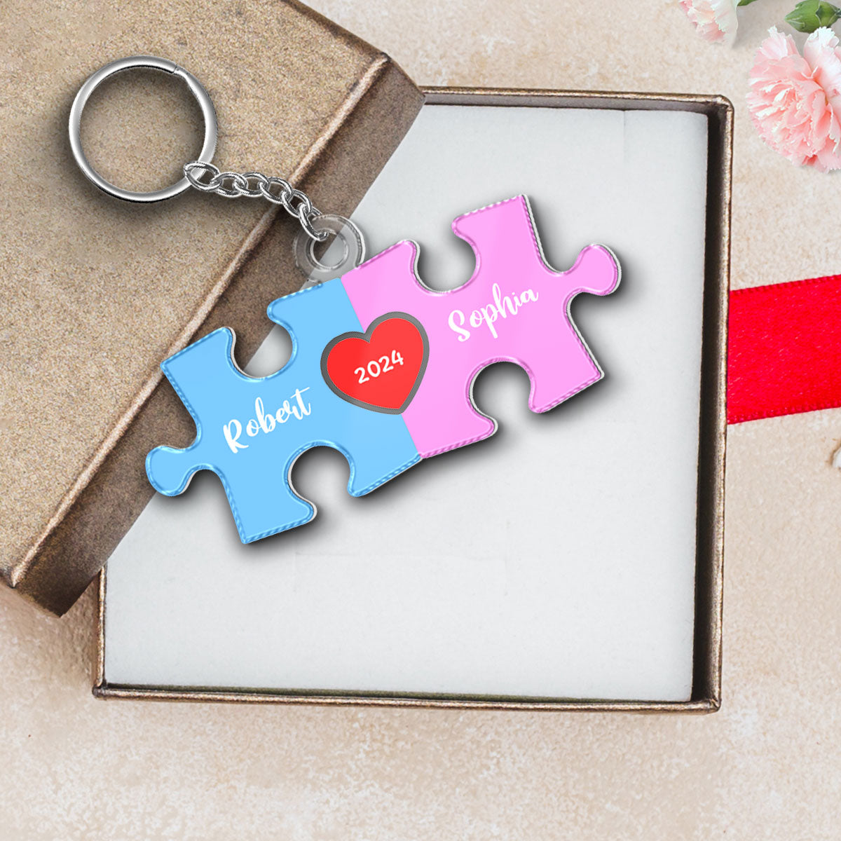 Love Is The Piece That Holds Us Together Acrylic Keychain, Personalize Couple Puzzle Name Sign, Gift For Him, For Her, Wedding Gift