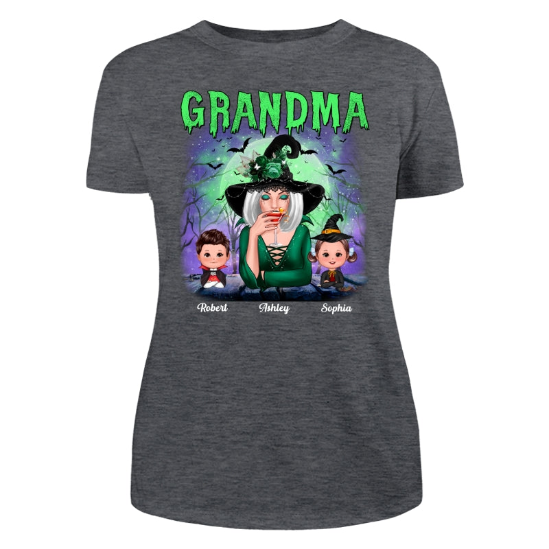 Halloween Neon Green And Purple Grandma With Grandkids Personalized Shirt