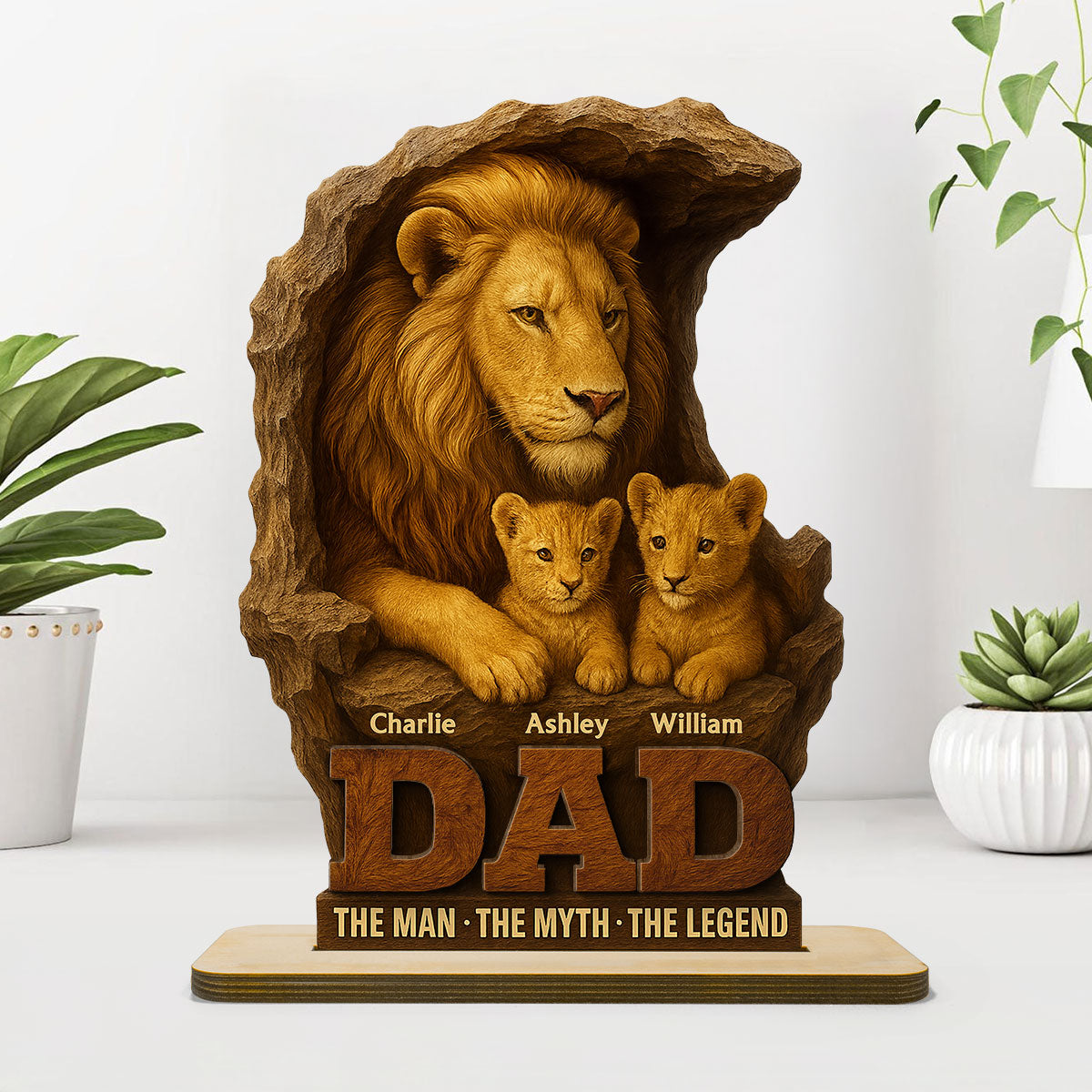 Lion Dad And Kids Personalized 2- Layer Standing Wooden Plaque, Unique Gift For Dad