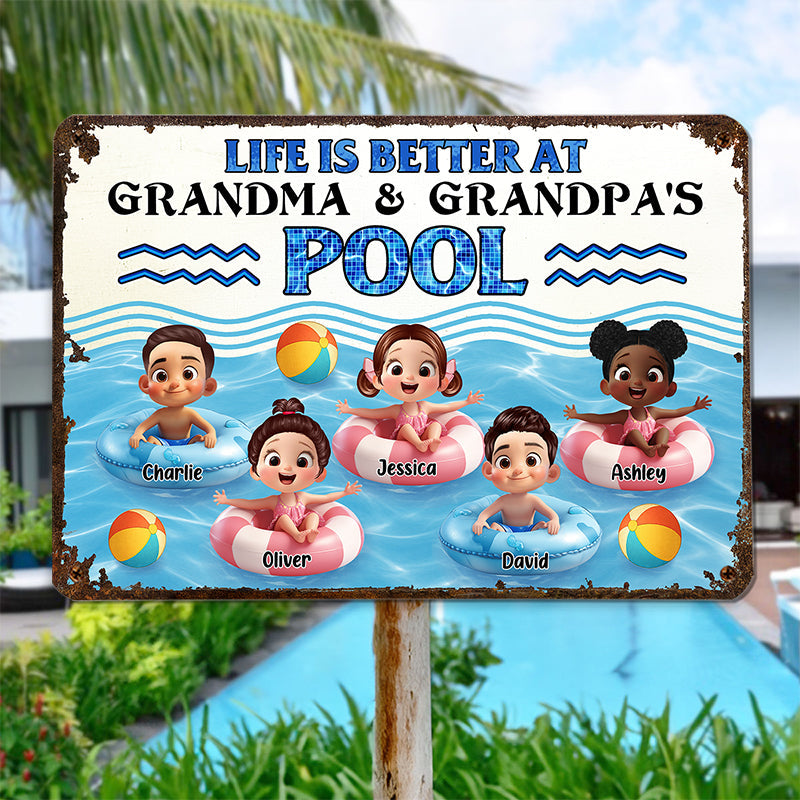 Life is Better at Grandma & Grandpa Pool Personalized Metal Sign, Grandchildren Welcome Sign