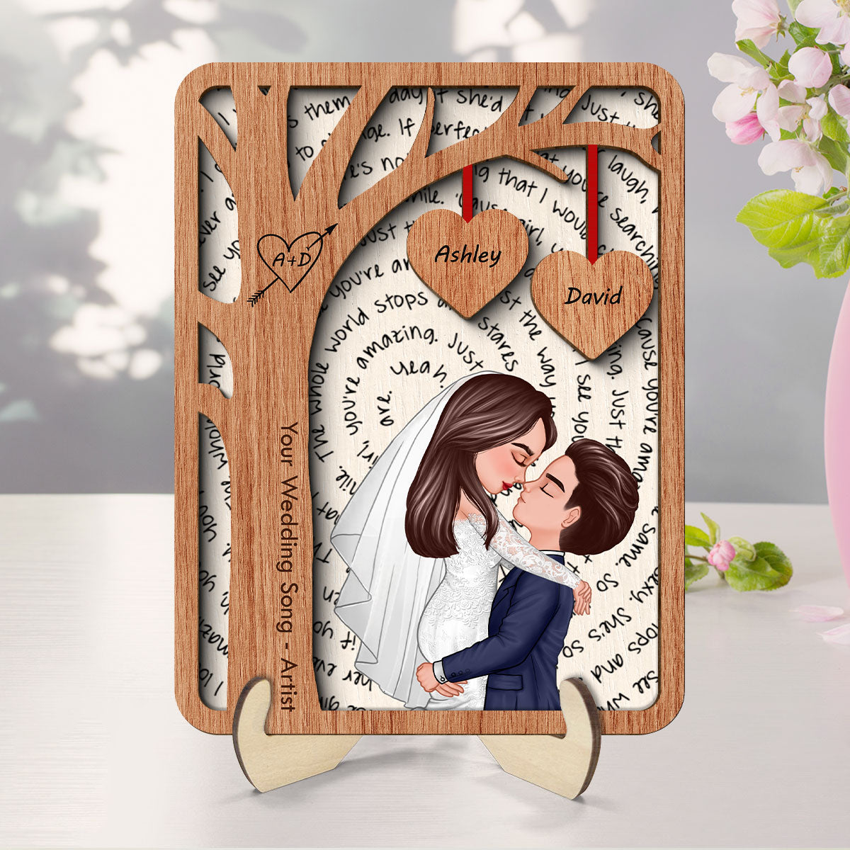 Couple Kissing Under Tree Custom Vinyl Lyrics Personalized Music 2-Layered Wooden Plaque, Wedding Song Dance, Gift for her & for him