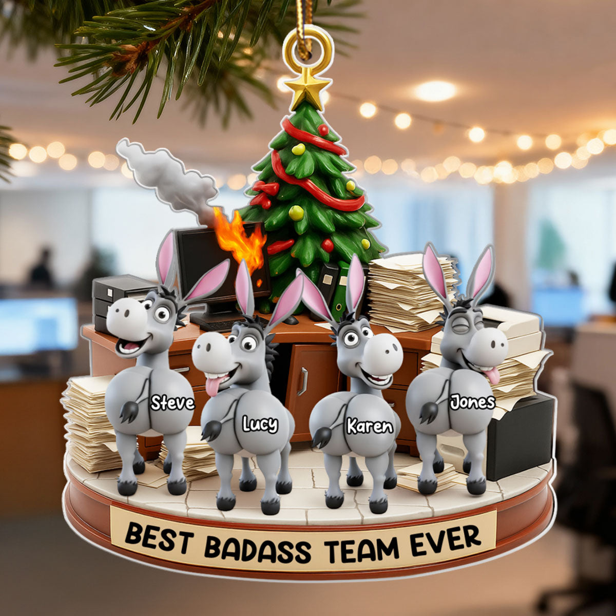Best Badass Team Ever, Donkey Coworker Office Decoration - Personalized Acrylic Ornament - Custom Employee Gift Exchange, White Elephant Gift