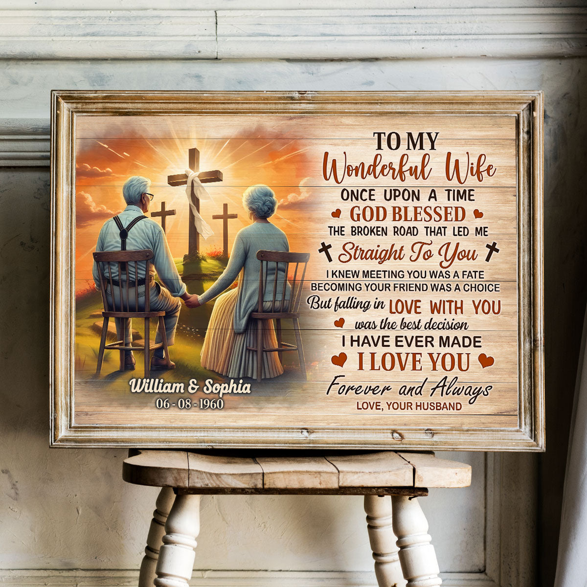 Cross God Gave Me You Old Couple Sitting Personalized Poster, Anniversary Gift For Him, Her, Husband, Wife