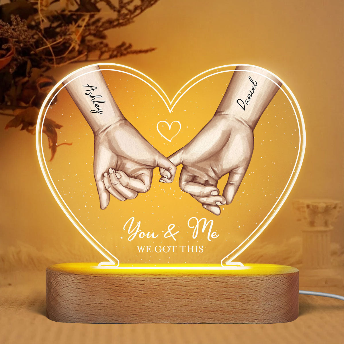 Personalized Couple Hands Pinky Promise Acrylic Heart LED Night Light, gift, Anniversary Gift for Couples