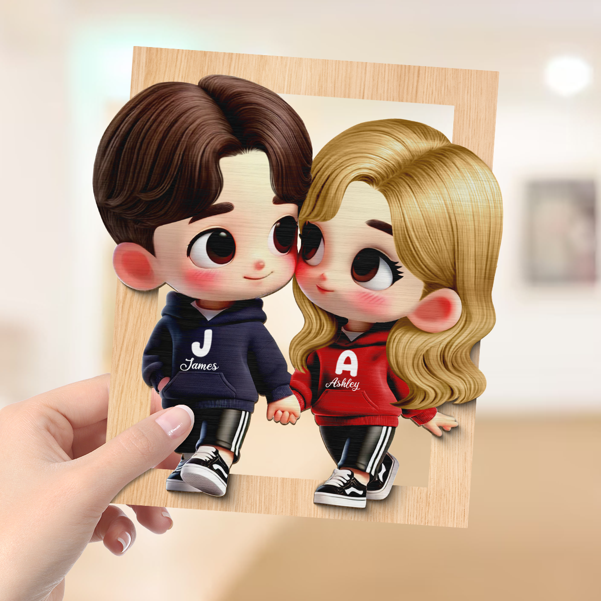 3D Effect Cute Cartoon Couple Holding Hands Personalized 2-Layered Wooden Plaque, Anniversary & Gift for him, Gift for her