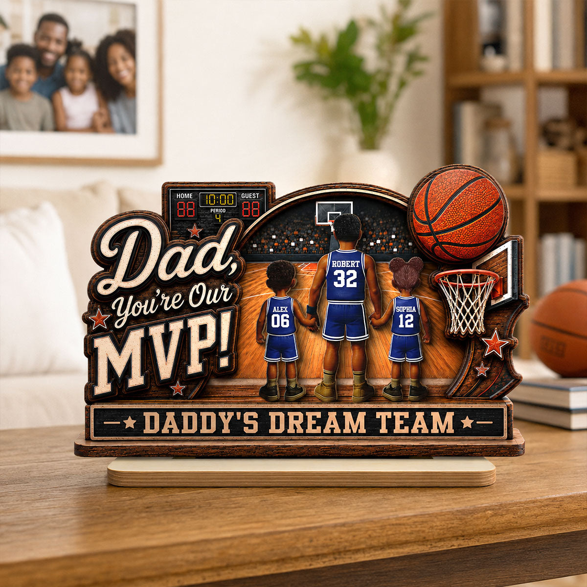 Dad You Are Our MVP Standing Basketball Man & Kids 2D Flat - Personalized 2-Layered Wooden Plaque - Gift For Basketball Dad