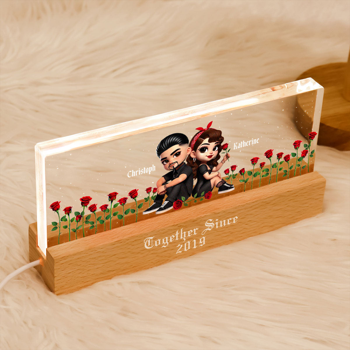 Pretty Couple Roses Heart Together Since Personalized Acrylic Block LED Night Light, Gift, Anniversary Gift for Couples